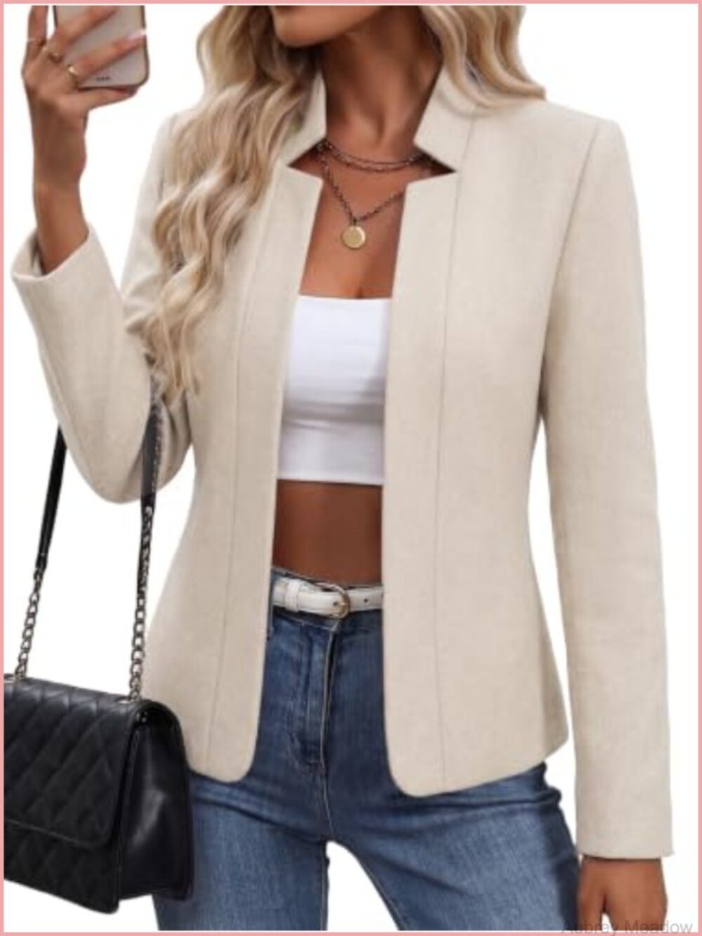 Wool Blend Open Front Tweed Blazer Plaid Fitted Jacket Business Casual